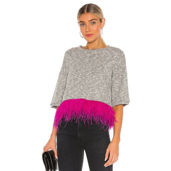 Revolve Le Superbe House Party Top Heather Grey Hot Pink Feathers, Medium - Picture 1 of 5